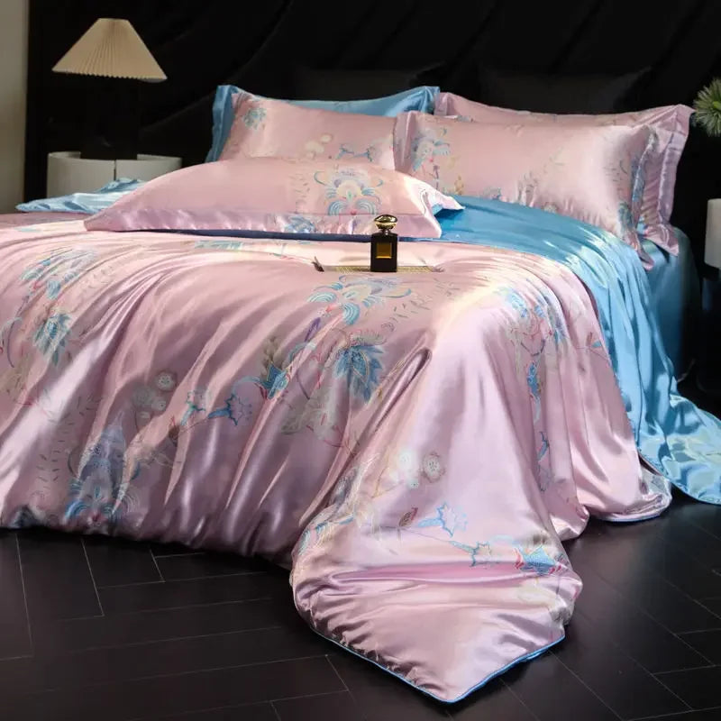 Blush & Aqua Daylilt Soft Horizon printed silk-blend bedding set