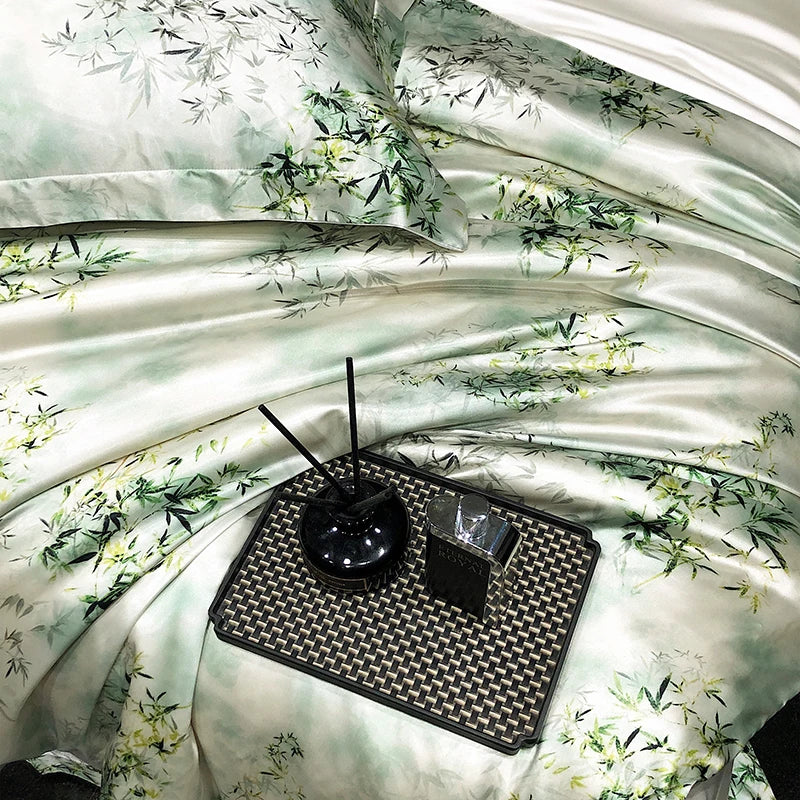 Sage Botanical fabric detail print on the Daylilt Meadow Drift silk-blend pillowcase pair