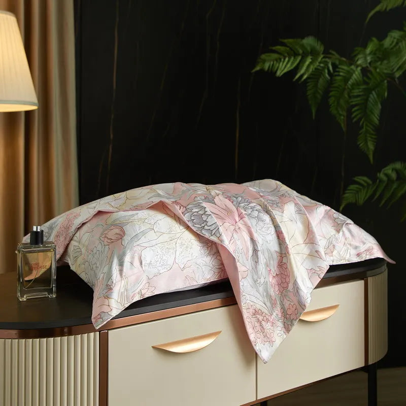 Rose Willow print on the Daylilt Meadow Drift silk-blend pillowcase pair