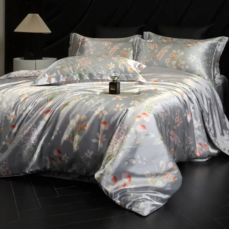 Silver Aurora Daylilt Soft Horizon printed silk-blend bedding set