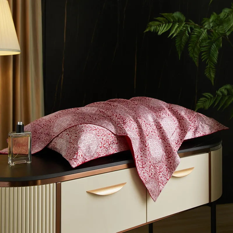Rose Meadow print on the Daylilt Meadow Drift silk-blend pillowcase pair