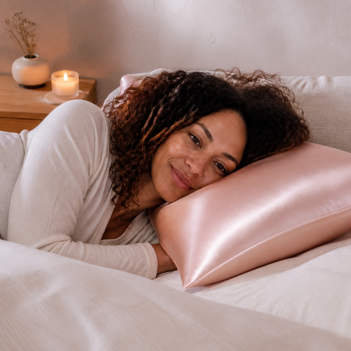 Woman resting on a blush Cool Lilt mulberry silk pillowcase in a warm bedroom