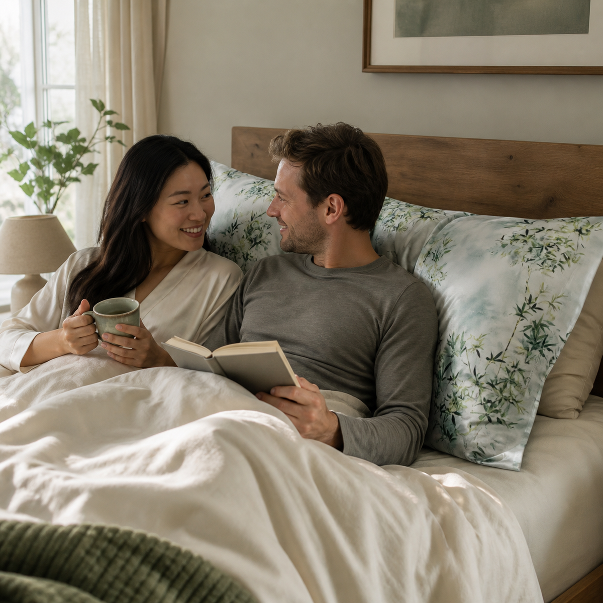 Couple relaxing on Meadow Drift sage botanical silk blend pillowcases