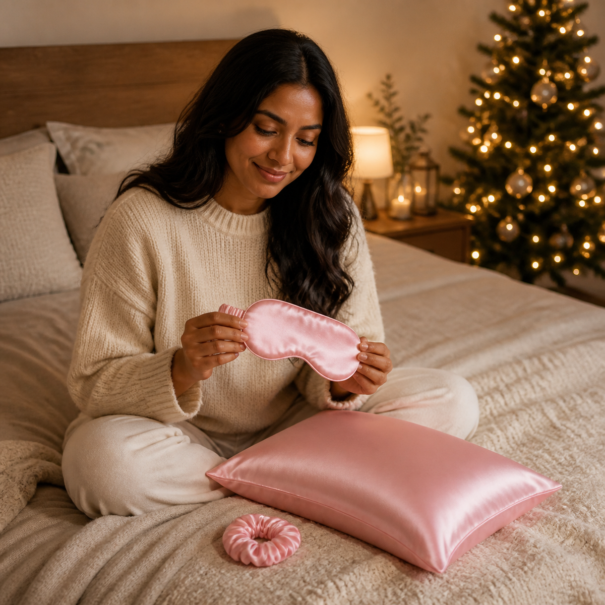 Woman holding the pink Night Bloom silk eye mask beside the matching pillowcase and scrunchie at Christmas
