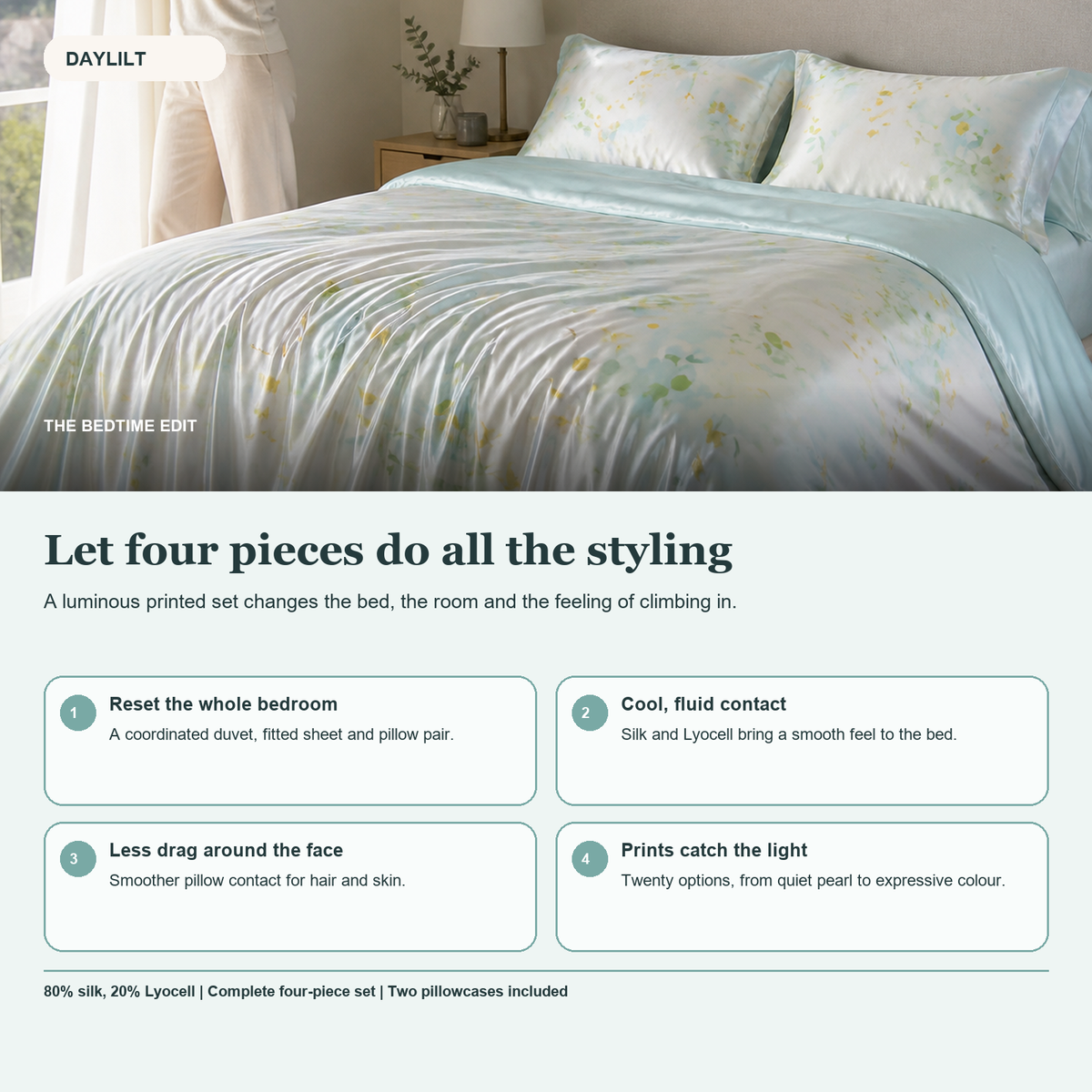 Soft Horizon four piece silk blend bedding set benefits and contents