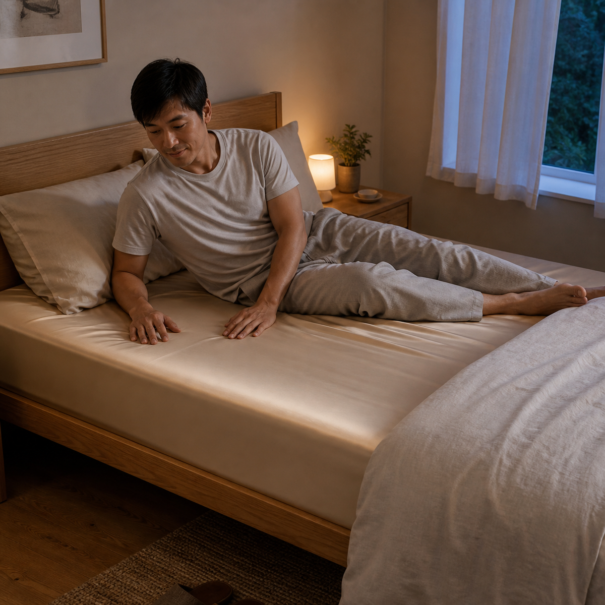 Man resting on a champagne Stillair mulberry silk fitted sheet