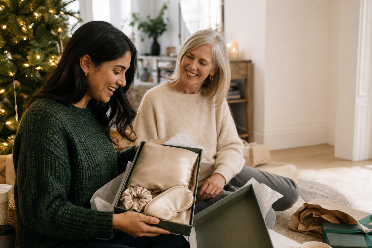 Woman opening a champagne silk pillowcase, eye mask and scrunchie gift set on Christmas morning
