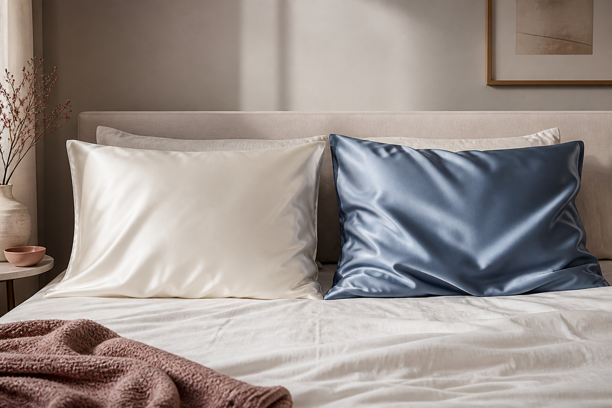 Ivory silk and moonlight blue satin pillowcases compared side by side on a neutral bed