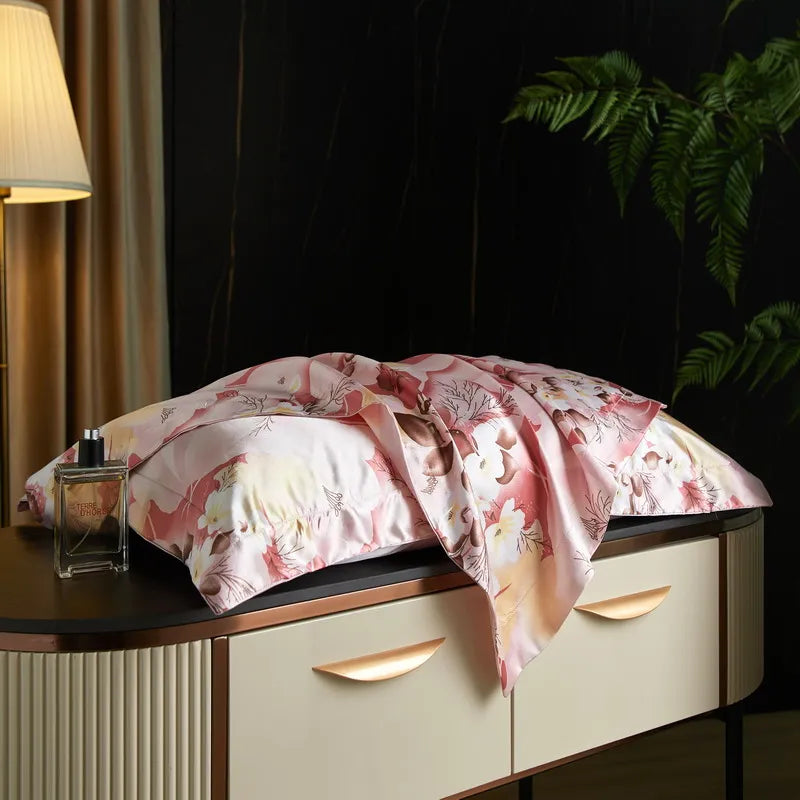 Blush Blossom print on the Daylilt Meadow Drift silk-blend pillowcase pair