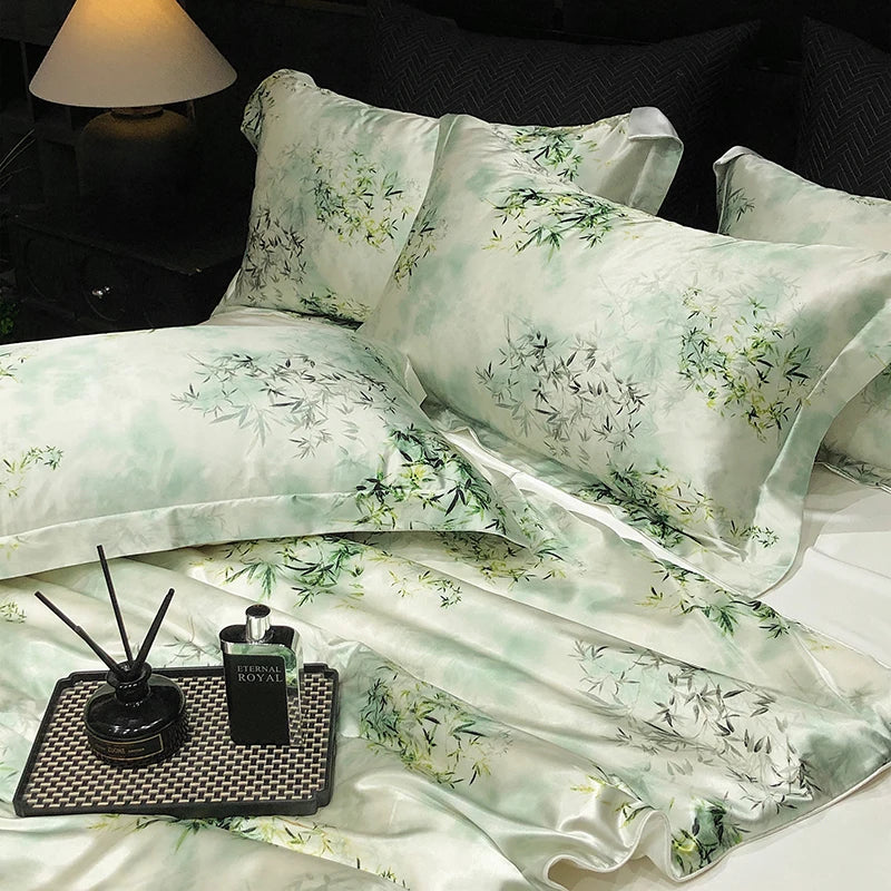 Sage Botanical styling print on the Daylilt Meadow Drift silk-blend pillowcase pair