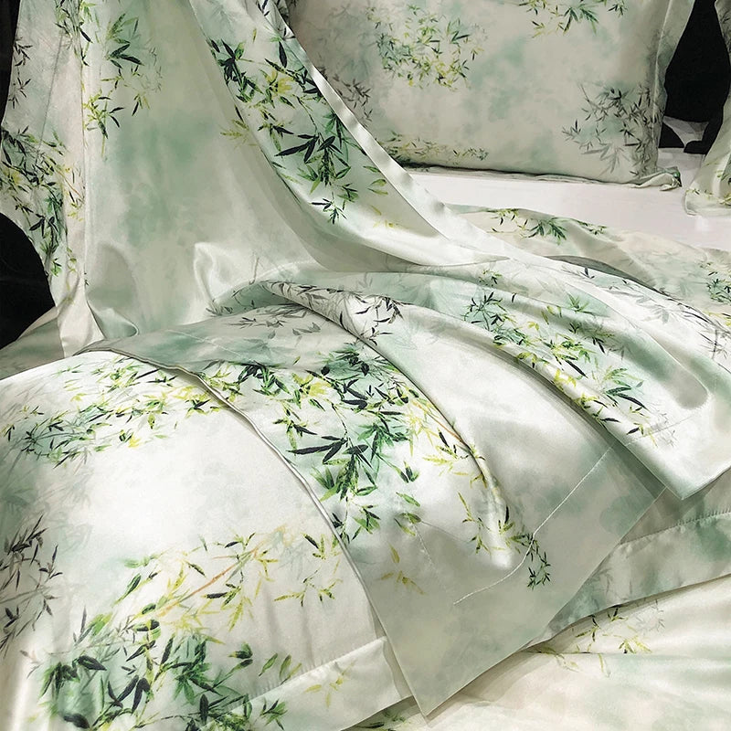 Sage Botanical detail print on the Daylilt Meadow Drift silk-blend pillowcase pair