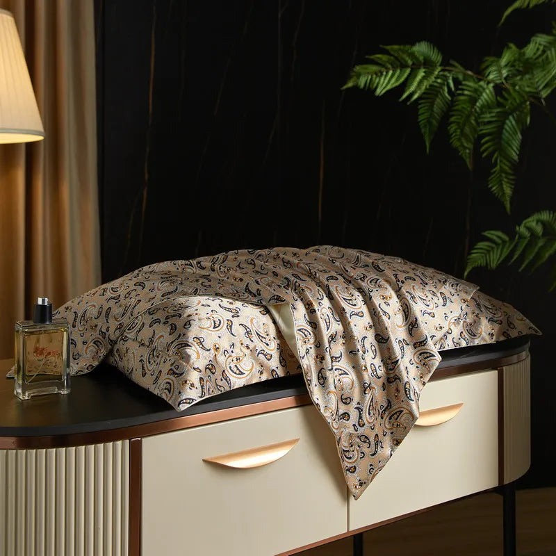 Taupe Foliage print on the Daylilt Meadow Drift silk-blend pillowcase pair