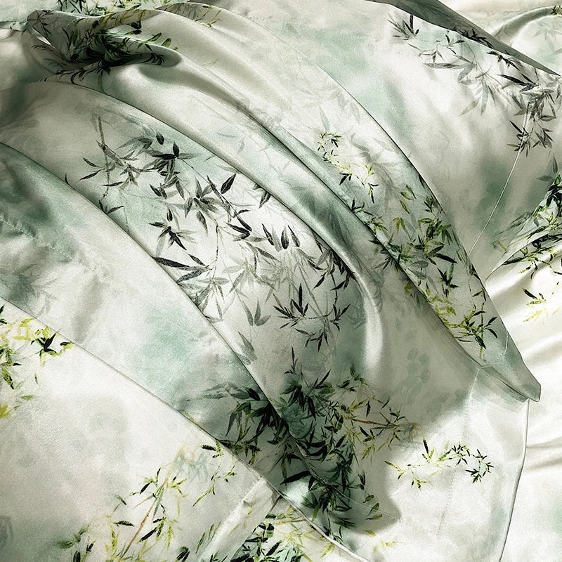 Sage Botanical close-up print on the Daylilt Meadow Drift silk-blend pillowcase pair