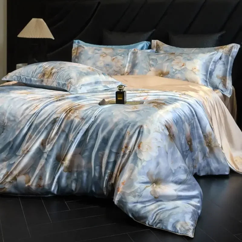 Icy Blue Daylilt Soft Horizon printed silk-blend bedding set