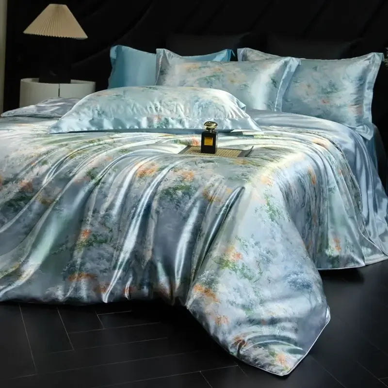 Glacier Blue Daylilt Soft Horizon printed silk-blend bedding set