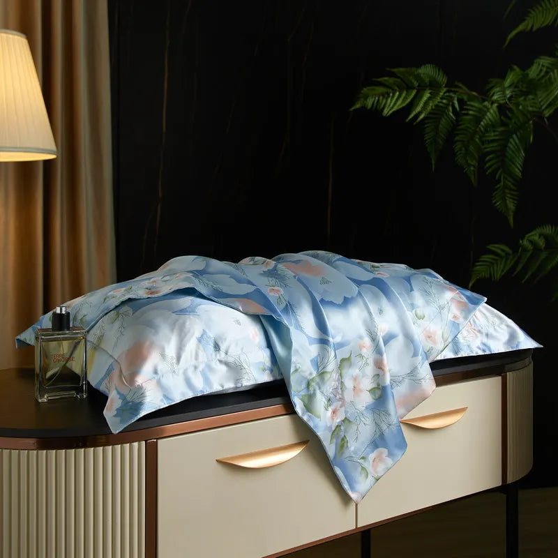 Powder Bloom print on the Daylilt Meadow Drift silk-blend pillowcase pair
