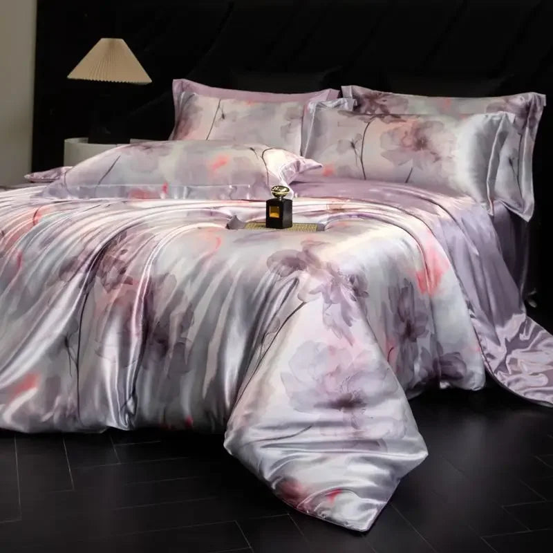 Lilac Blush Daylilt Soft Horizon printed silk-blend bedding set