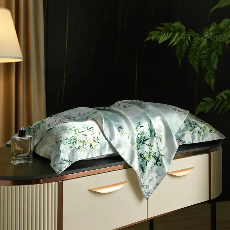 Sage Botanical print on the Daylilt Meadow Drift silk-blend pillowcase pair