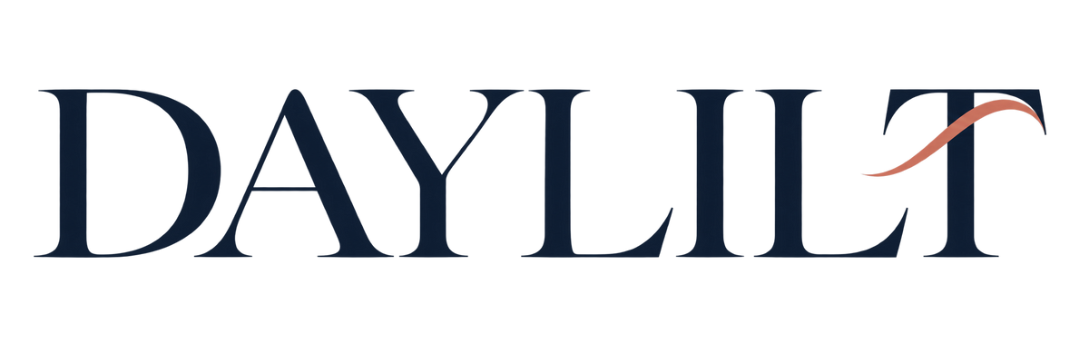 Daylilt wordmark in deep ink navy with a coral silk fold