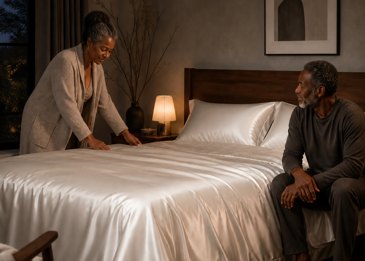 Older couple beside the champagne Moonlit four piece satin bedding set